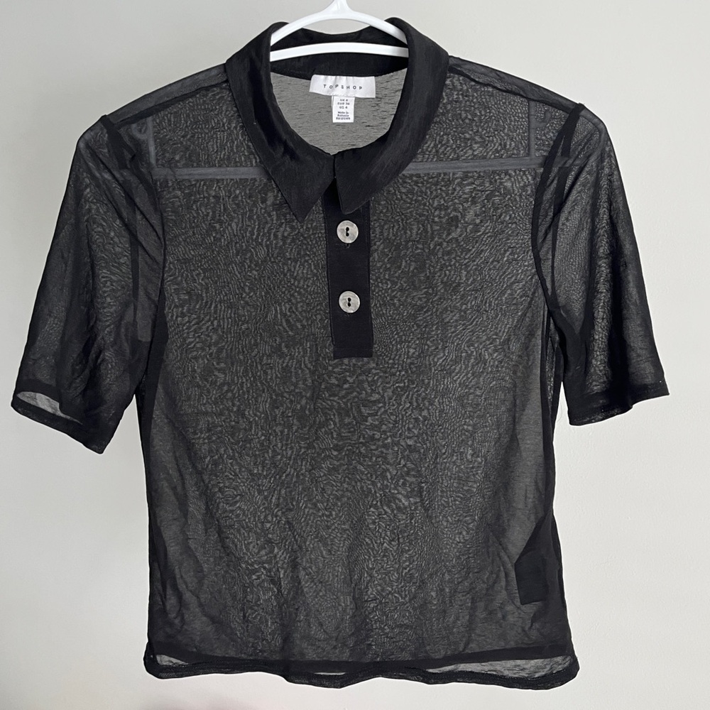 topshop - black mesh collared button up t shirt blouse